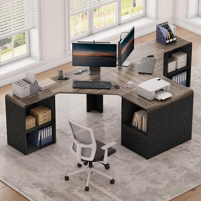 L Shaped Desk with Power Outlets & USB C Port, 59'' Reversible L-Shaped Computer Desk with File Drawer for Letter/Legal Size, Corner Office Desk with Storage Shelves, Rounded Corners, Black
