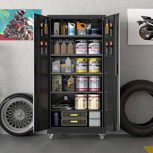 SUXXAN Heavy Duty Metal Storage Cabinet with Wheels and Pegboard, 71" Tall Industrial Steel Cabinet with 5 Adjustable Shelves & Locking Doors for Garage, Office, Pantry, Warehouse, Black