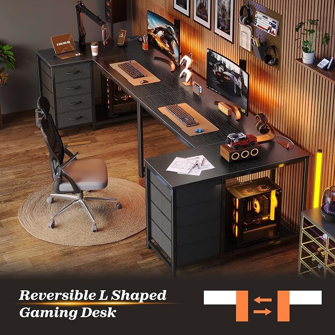 PRAISUN 43.3" Small Computer Desk with Power Outlets & USB-C Port, Reversible L Shaped Corner Office Desk with 4 Fabric Drawers and 2 Adjustable Storage Shelves, for Gaming Writing, Black