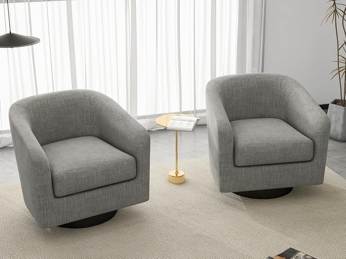 Swivel Accent Chairs Set of 2, Fabric Barrel Club Chair Upholstered Armchair Modern Round Arm Chair for Living Room, Comfy Single Sofa Seating Bedroom Side Reading Seat - Light Gray