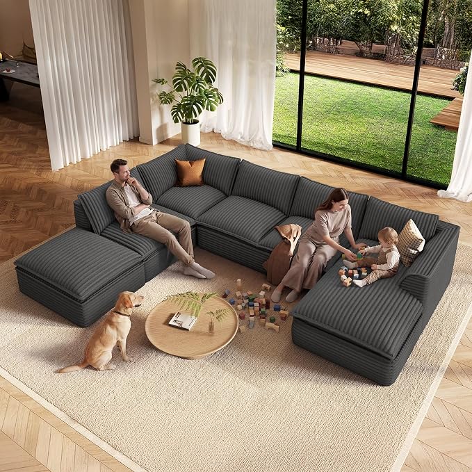 Vesgantti 141.7" Oversized Sectional Boneless Couch, Modern 7 Seater Modular Sofa with Chaise & Ottoman, Deep Seat Plush Corduroy Cloud Couches for Living Room, No Assembly Required, Dark Gray