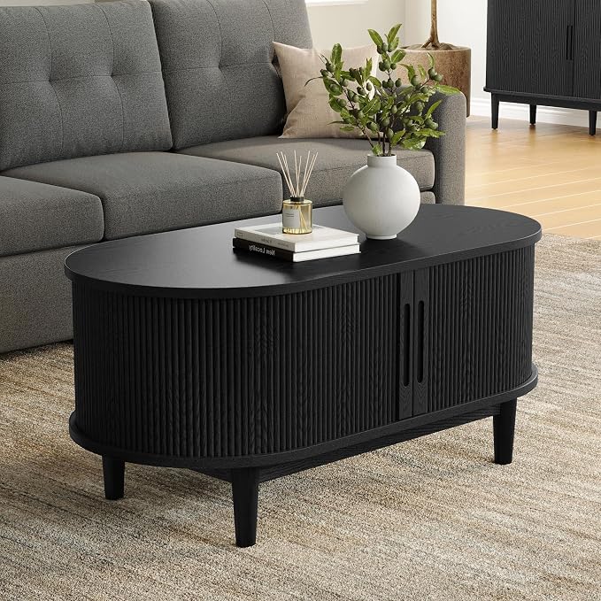 LINSY HOME Round Coffee Table, 31.5" Drum Coffee Table with Sliding Tambour Door, Fluted Accent Center Table with Storage, Mid Century Modern Coffee Table for Living Room (Oval Black)