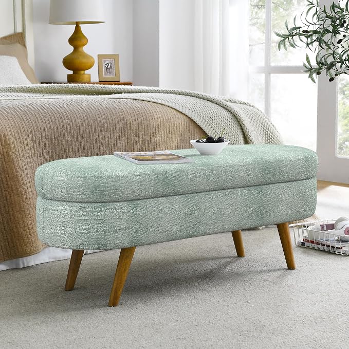 43.5" Ottoman with Storage, Storage Ottoman Bench with Safety Hinge, FoamEnd of Bed Bench, Upholstered Entryway Bench for Bedroom, Living Room & Window, Holds up to 330 lb, Cyan