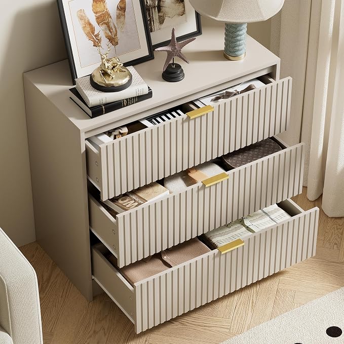 Furniway 3 Piece Bedroom Set, 9 Drawer Dresser and Nightstand Set of 2 with Gold Handles, Modern Wood Chest of Drawers Storage Cabinet for Bedroom, Beige