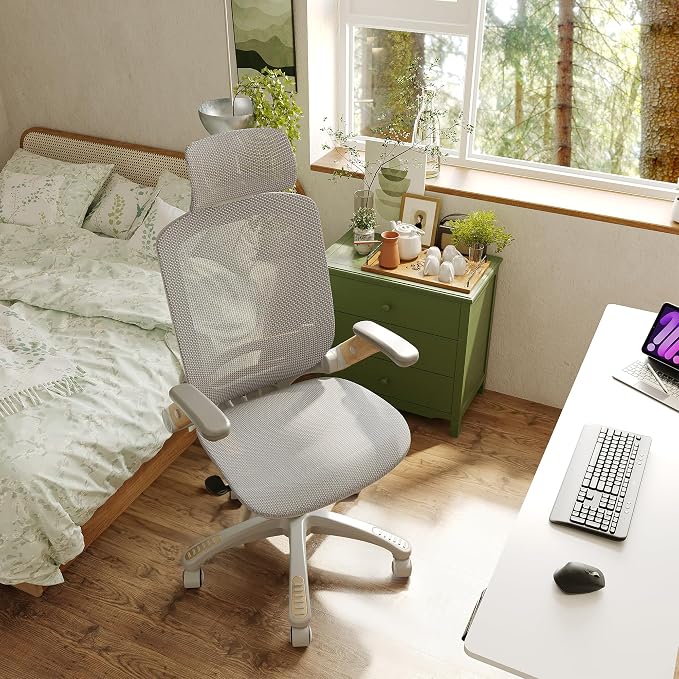 GABRYLLY Ergonomic Office Chair, High Back Home Desk Chair with Flip-Up Arms, Headrest, 90-120° Tilt and Wide Cushion, 300LBS White Mesh Chair for Work Gaming Study (GY01-NT, Woodgrain Pattern)
