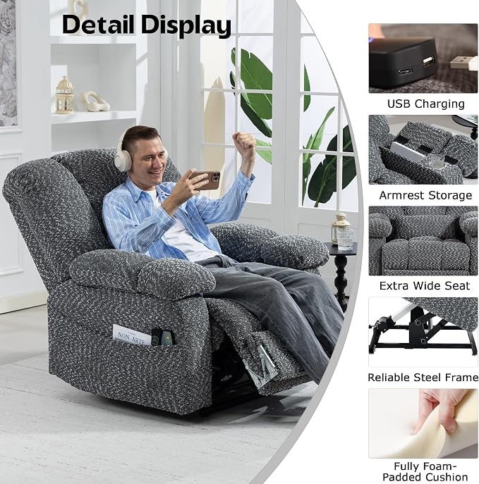 JIKFRIMA Big Man Recliner 500lbs Power Lift Recliner Chair for Big Tall Elderly Adults Oversized Lay Flat Lift Recliner with Extended Footrest,Heat Massage,Flip Arm Storage Cup Holders,USB Type C