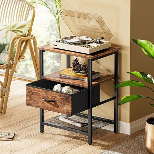 Huuger Night Stand with Fabric Drawer, Side Table with Mesh Shelf, Bedroom Nightstand, Fabric Drawer Dresser, Open Shelf, Metal Frame, Couch Side, Rustic Brown