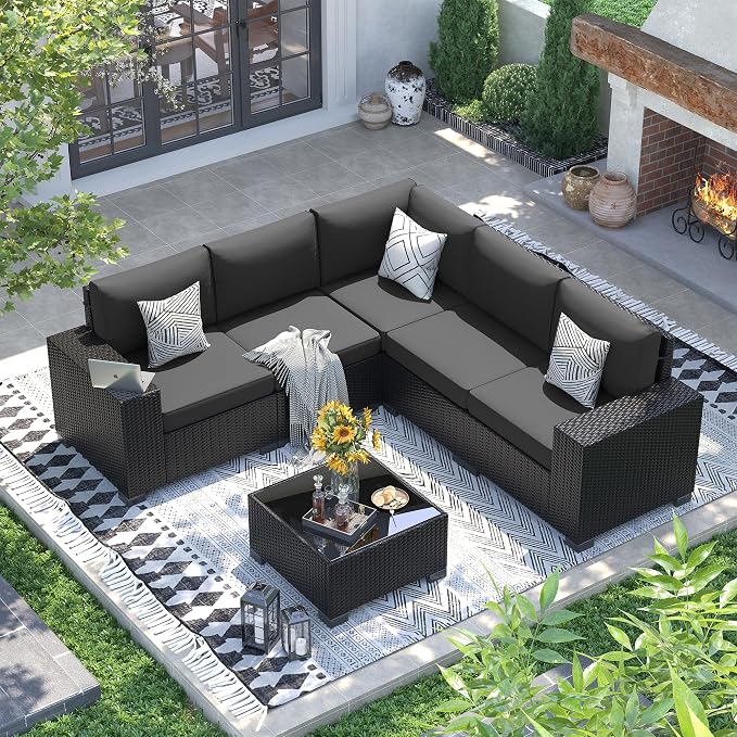 UDPATIO Patio Furniture Set, Outdoor Wicker Sectional Sofa with 8'' Wide Armrests, 6 Piece Modular Patio Conversation Set with Coffee Table for Backyard, Deck, Garden, Black