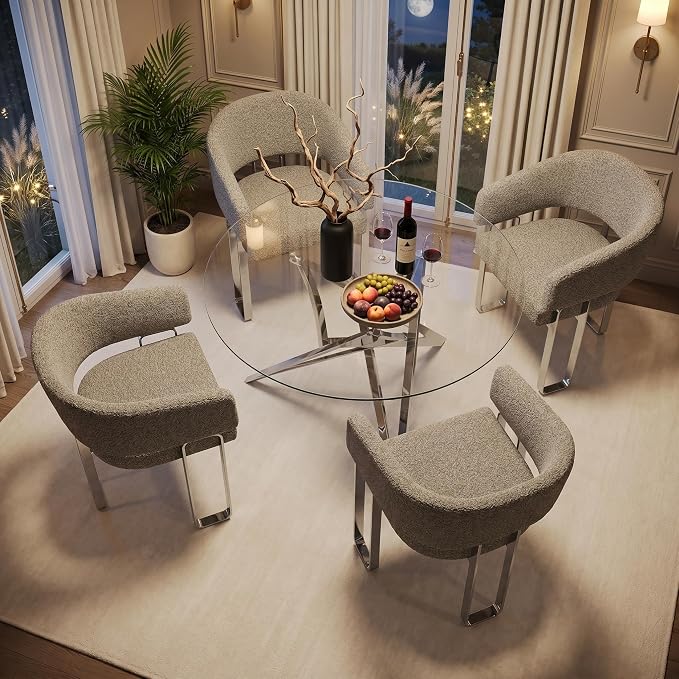 Boucle Dining Chair, Grey Barrel Chairs with Arm, Backrest, and Mirrored Silver Stainless Steel U-Shaped Legs, Set of 1