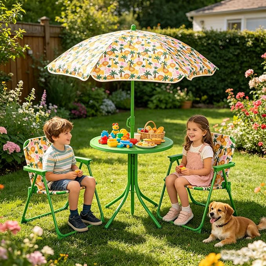 HONEY JOY Kids Picnic Table, Animal Themed Toddler Outdoor Table and Chair Set, 2 Folding Chairs & Removable Umbrella, Children Outdoor Furniture for Backyard Patio Garden (Green Lion)