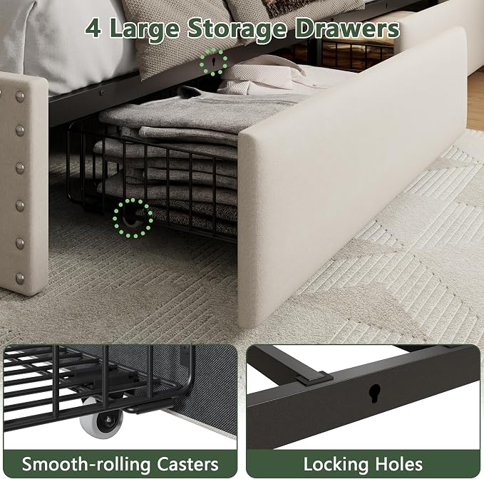 Forestell Full Size Bed Frame with 4 Drawers and Storage Headboard, Upholstered Platform Bed Frame Full Size with LED Lights and Charging Station, Metal Slats Support, No Box Spring Needed, Beige