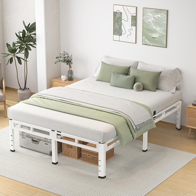 NKZ Queen Size Bed Frame 14 Inch, Metal Bed Frame & Box Spring 2 in 1 Platform with Round Corner Legs, 4000lbs Weight Capacity Reinforced Metal Frame, Headboard Hole, Noise-Free, Easy Assembly