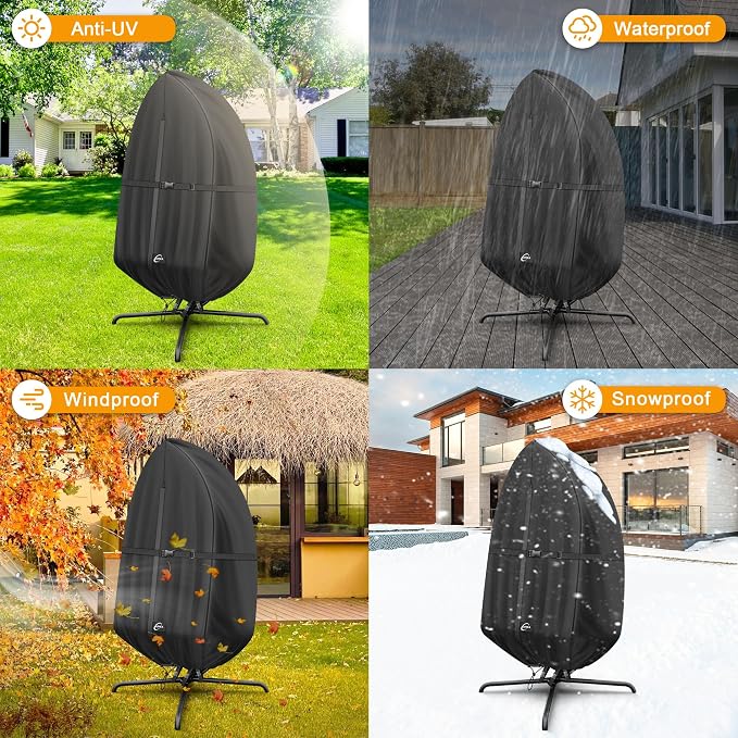 Kipiea Patio Egg Chair Covers Waterproof, Upgraded 500D Outdoor Hanging Egg Chair Covers with Waterproof Zipper, Single Seat Swing Chair Cover, Windproof, Anti-UV, No Tears ( Up to 45" W x 75"H )