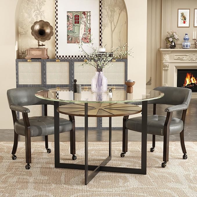 LEEMTORIG Set of 4 Large Dining Chairs with Casters and Arm, Rolling Dining Chairs with Wheel, Poker Table Chairs, Boss Caption's Chair, 26"D x 25.2"W x 31.5"H, Espresso Legs & Dark Grey, XXY-1910-DG