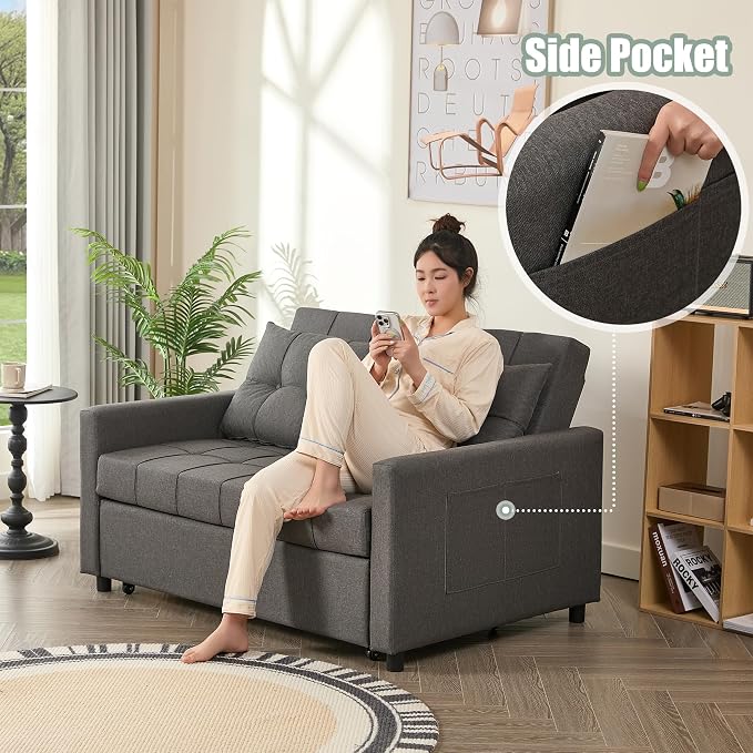 GOSUHI 52" Sleeper Sofa with Pull-Out Bed, 3-in-1 Convertible Sofa Bed, Set of Loveseat with Stepless Adjustable Backrest and Side Pocket, for Living Room Dorm Apartment, Linen, Dark Gray