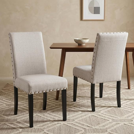 Roundhill Furniture Biony Fabric Dining Chairs with Nailhead Trim, Set of 2, Tan