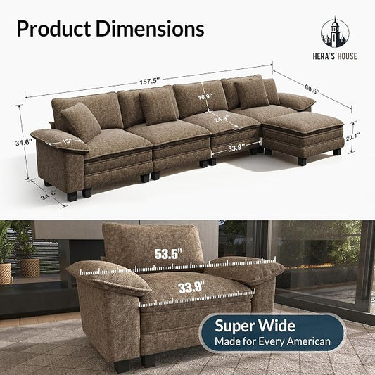 HERA'S HOUSE 158" Oversized Modular Sectional Sofa, Comfy L Shaped Couches for Living Room, Cloud Couch with Ottoman, 5-Seater Deep Seat Sofa with Throw Pillow, Chenille Grayish Brown