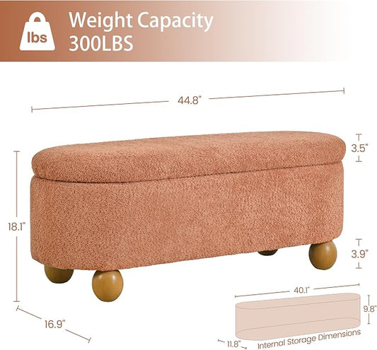 VKNOW 44.8" Storage Ottoman Bench End of Bed Bench, Thickened Upholstered Blanket Chest for Living Room, Entryway Bench with Hinge and Cute Spherical Solid Wood Stool Legs for Bedroom, Orange