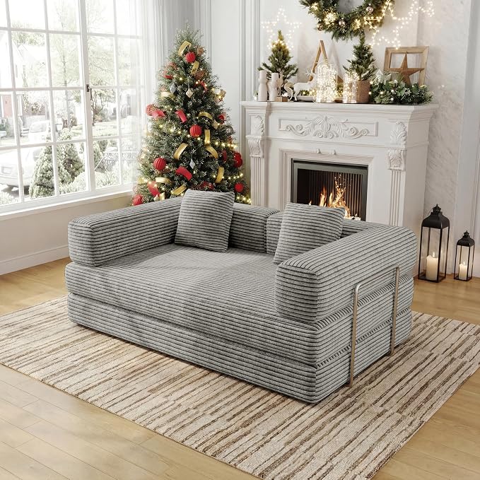 BSHOMGI 4 in 1 Convertible Sofas Boneless Couches with 2 Pillow, Modern Corduroy Futon Bed, Modular Queen Sofa with Pull-Out Bed, LoveSeat for Living Room, Small Space Apartment 59" 2 Seat