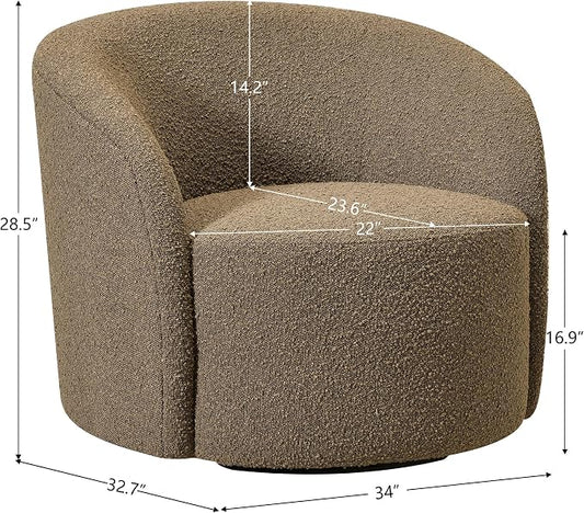 KINWELL 34" W Mid Century Modern Swivel Barrel Chair, Round Upholstered Boucle Swivel Accent Chairs, No Assembly Sofa Chair for Living Room Bedroom Reading Apartment Lounge Nursery(Teddy Brown)