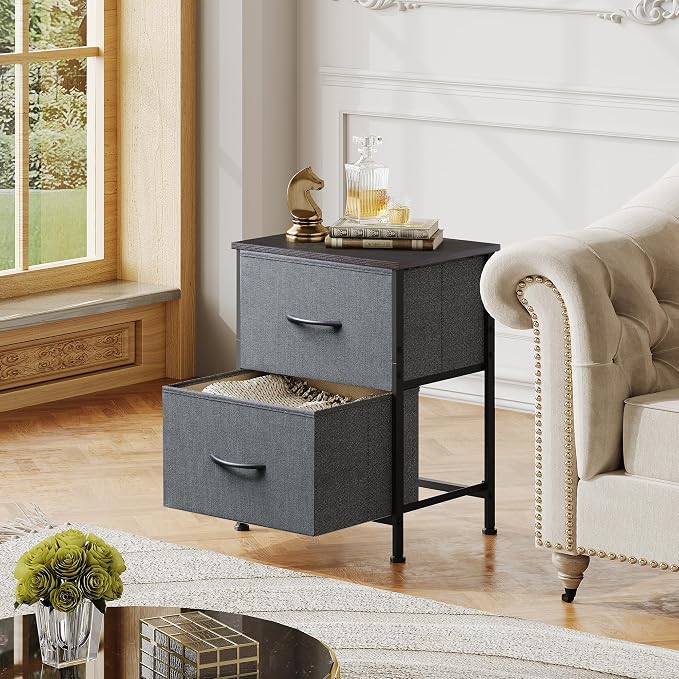 WLIVE Night Stand Set 2, Dresser and Nightstand Sets, Small Dresser for Bedroom with 2 Drawers, End Table with Fabric Bins for Closet, Bedside Furniture, College Dorm, Dark Grey
