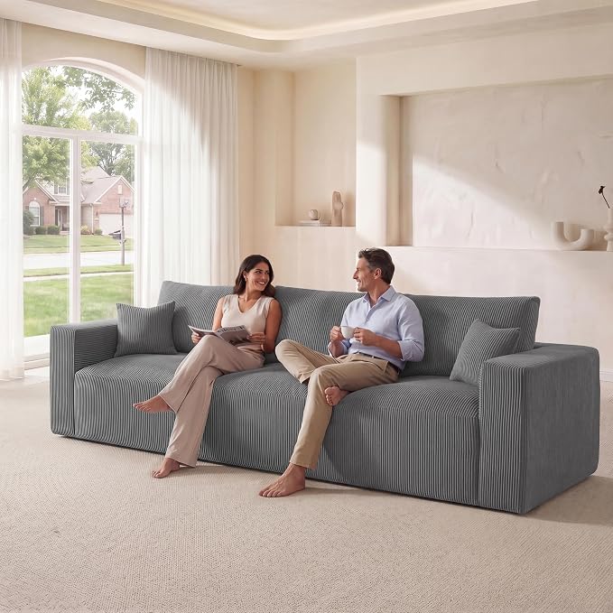 Modular Sectional Sofa, 115" Memory Foam Cloud 3-Seater Boneless Couch, Cozy Upholstered Corduroy Frameless Sofa, No Assembly Required Extra Wide Seating for Living Room & Apartment, Grey