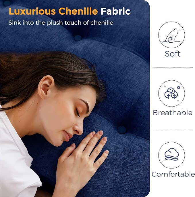 MAXYOYO 6" Folding Sofa Bed for Floor, Tufted Tri-Fold Floor Mattress with Chenille Fabric, Twin Size Portable Sofa Couch Guest Mat for Adults, Foldable Topper for Camping, Navy, 35.4"x75"