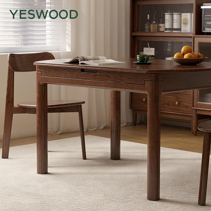 YESWOOD 47.24'' Extendable Round Dining Table for 4-8, 100% Solid Oak Expandable Kitchen Table with Removable Leaves, Modern Wood Space Saving Dinner Table for Dining Room, Living Room, Study