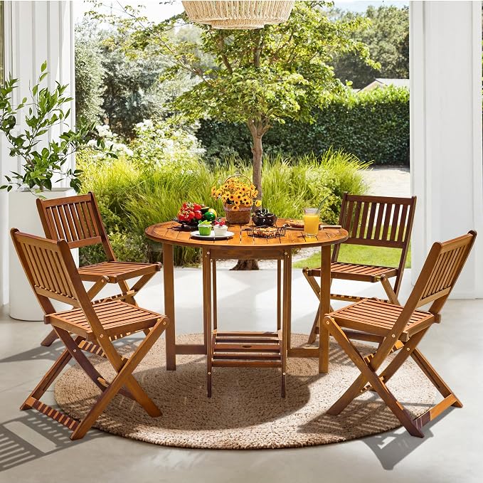 Devoko 5 PCS Patio Furniture, Patio Dining Set Acacia Wood Outdoor Table and Chairs, with 4 Folding Chairs and 37" Round Movable Table, Outdoor Dining Set for Lawn, Balcony, Garden (Light Brown)
