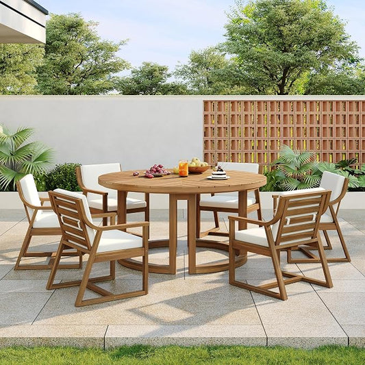 Quarte 7-Piece Patio Dining Table Set, Round Dining Table with 1.96" Umbrella Hole, Outdoor Wooden Patio Furniture Set for Garden, Backyard and Pools (Light Teak-7)