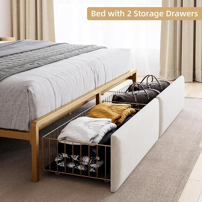 IDEALHOUSE King Size Bed Frame with Storage Headboard and 2 Drawers, Platform Metal King Bed Frame with LED Lights and Charging Station, Noise Free, No Box Spring Needed, White