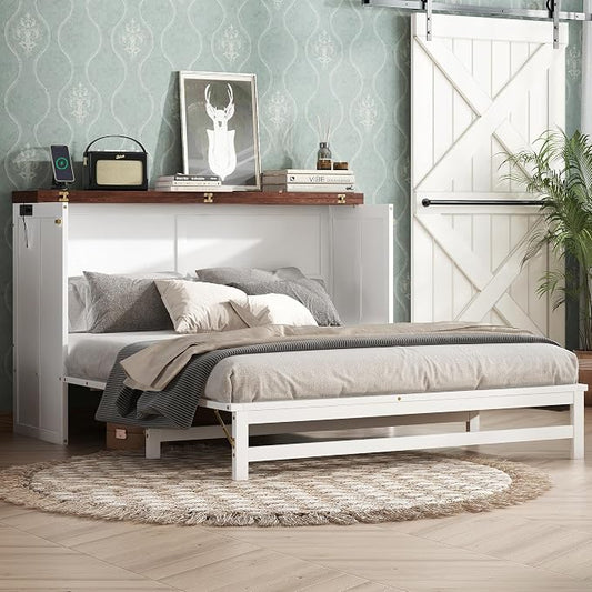 PVWIIK Queen Murphy Bed with Drawer & Charging Station for Bedroom,Home Office, Studio,Guest Room,Queen Size Solid Wood Bed Frame Murphy Bed with USB Port for Bedroom,White-Walnut