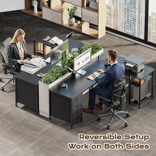 Huuger 55 Inch L Shaped Desk with Fabric Drawers, Reversible Computer Gaming Desk with Power Outlets and USB-C Port, Adjustable Side Storage Shelves, for Work Study Corner Home Office, Black