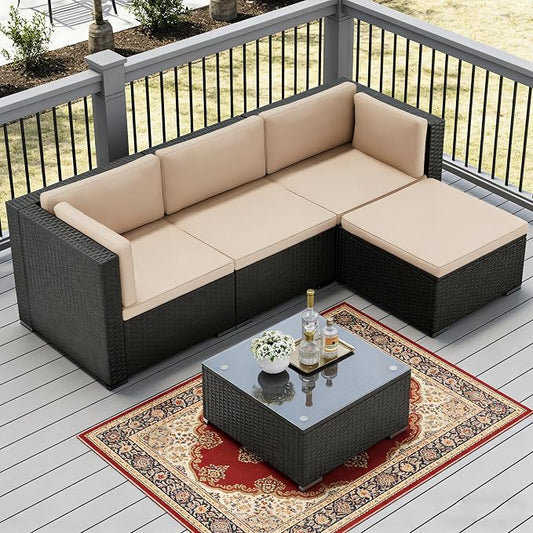 SUNCROWN 5-Piece Outdoor Patio Furniture Set, All-Weather PE Rattan Sectional Sofa with Ottoman, Glass Coffee Table & Cushions, Modular Wicker Conversation Set for Backyard, Garden, Porch, Beige