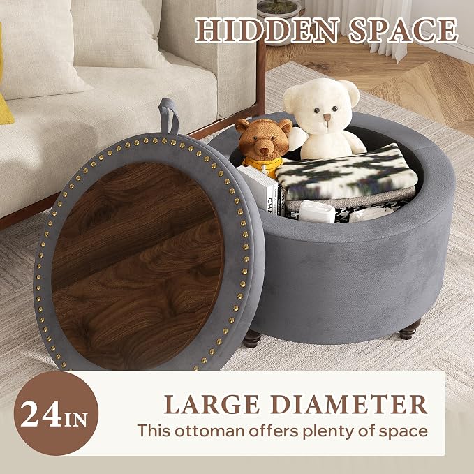 24 Inch Round Storage Ottoman,Modern Tufted Ottomans,Circular Coffee Table with Removable Top,Upholstered Large Ottoman with Storage Footrest Stool for Bedroom Living Room (Lightgrey)
