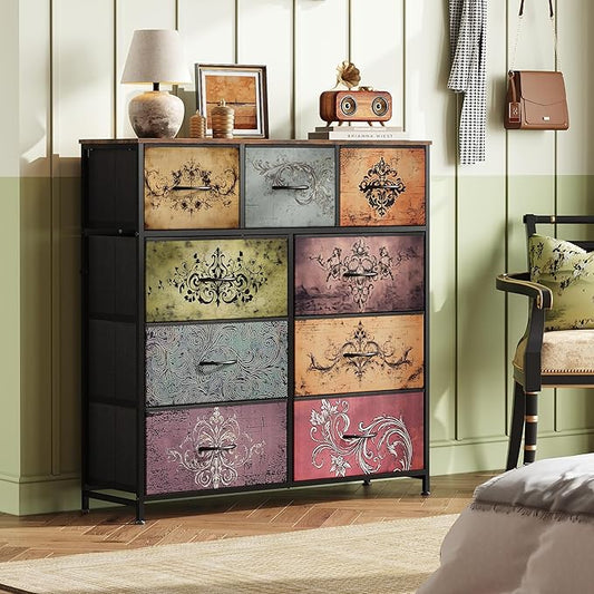 WLIVE 9 Drawer Dresser, Fabric Storage Tower for Bedroom, Hallway, Closet, Tall Chest Organizer Unit for Bedroom with Fabric Bins, Steel Frame, Wood Top, Easy Pull Handle, Pattern
