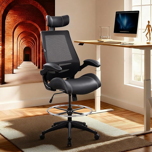 BOLISS Tall Ergonomic Office Chair, Sustainable Tech-Leather Drafting Chair with Adjustable Foot Ring, 90° Flip-Up Arms Space Saving Mesh Computer Desk Chair for Standing Desk Executive Work 8+ Hours