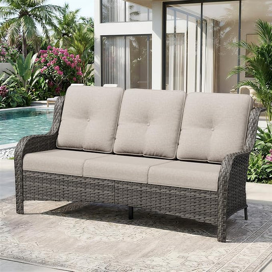 3 Seat Outdoor Couch, Wicker Patio Sofa with Thickened Olefin Cushions, High Back and Deep Seating, Hand-Woven PE Rattan for Porch, Deck, Balcony