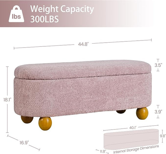 VKNOW 44.8" Storage Ottoman Bench End of Bed Bench, Thickened Upholstered Blanket Chest for Living Room, Entryway Bench with Cute Spherical Solid Wood Stool Legs for Bedroom, Pink