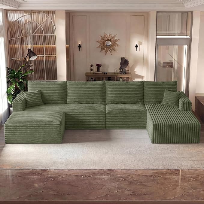 Boneless Couches Sectional Sofa, Compressed Sofa in a Box, U-Shaped Cloud Couch with Deep Seats & Chaise for Living Room, No Assembly Required (Green, 118" U-Shape with Right Facing Chiase)