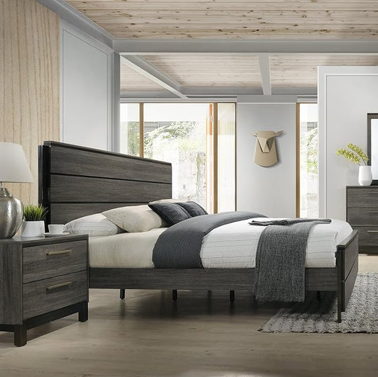 Roundhill Furniture Ioana 187 Antique Grey Finish Wood Bed Room Set, King Size Bed, Dresser, Mirror, Night Stand, Chest