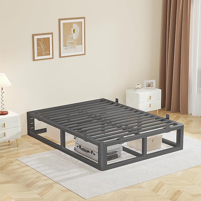 14 Inch King Size Bed Frame with Rounded Corner and Headboard Hole, Metal Platform Bed Frames 6 Non-Slip Guards, 3500lbs Heavy Duty Steel Slat Support, Squeak Free, No Box Spring Needed, Black