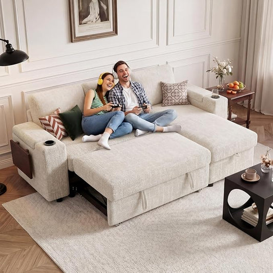 Vipbear Premium 86" Modular Sectional Sleeper Sofa, 3 Seat Chenille Sofa with Pull Out Bed, L Shaped Couch with Storage Chaise & Armrests|USB Ports|Cup Holders|Side Table, White