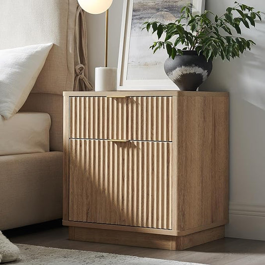 T4TREAM 23'' Fluted Nightstand Set of 2 with Charging Station, Large 2 Drawer Side Table, Modern End Table with Storage, Mid Century Bedside Table for Bedroom, Living Room, Curved Profile, Natural Oak