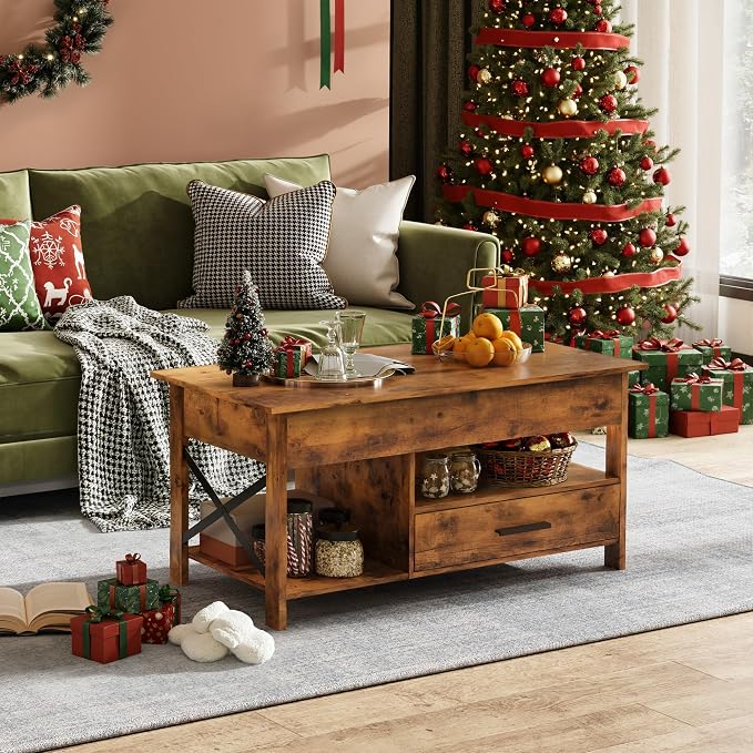 WLIVE Coffee Table, 39" Lift Top Coffee Table with Storage Drawers and Hidden Compartment for Living Room, Retro Central Table with Wooden Lift Tabletop Reception Room, Rustic Brown