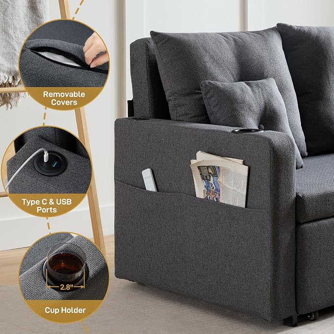 Busaurus 3 in 1 Convertible Sofa Bed, 56" Full Size Pull Out Couch, Loveseat Sleeper with Storage Pocket, USB, Comfy Sleeper Sofa Bed for Living Room, Bedroom, Small Space, Deep Grey