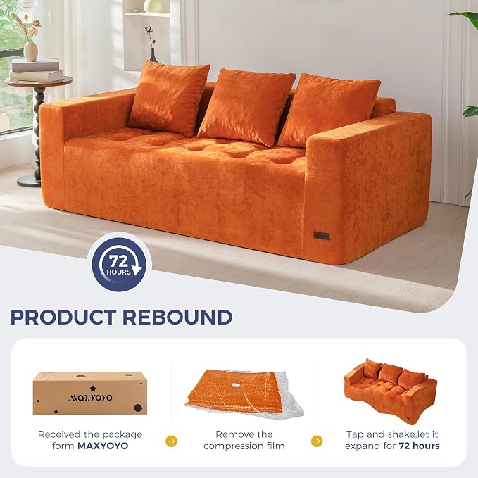 MAXYOYO Modular Sofa Couch, 75" Oversized Loveseat Boneless Cloud Couch with Deep Seat, Chenille Upholstered Living Room Comfy Sofa Chair for Living Room, No Assembly Required, Orange