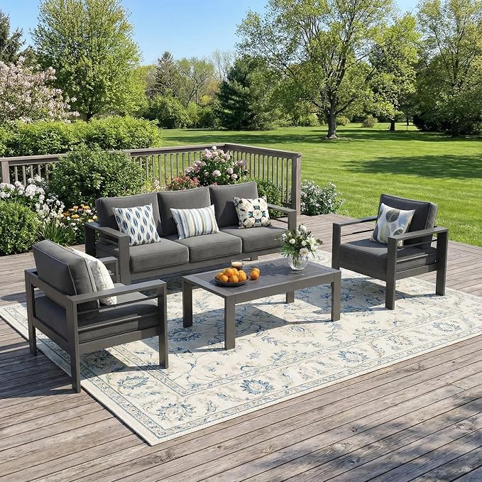 Solaste Aluminum Outdoor Patio Furniture Set, 5 Seats Patio Sectional Sofa with 5" Thick Cushion, Outdoor Patio Set with Coffee Table for Porch, Yard, Backyard, Deck, Grey