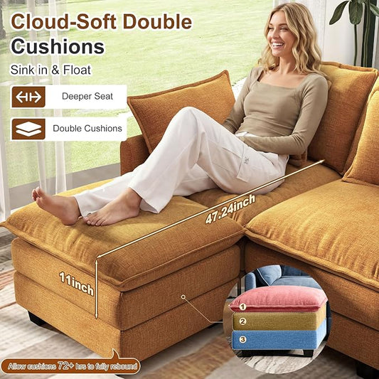 107" Cloud Couch Sectional, U Shaped Modular Sectional Sofa, 4-Seat Deep Seat Couch with 6 Removable Washable Pillows and 2 Ottoman for Living Room, Bedroom, Apartment, Orange