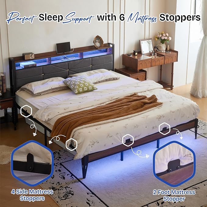 King bed frame with headboard, Upholstered Platform Bed Frame with Charging Station, Dual LED Light Strips, 2-Tier Storage Shelves, Heavy Duty Metal bed frame, Noise-Free, No Box Spring Needed, Black